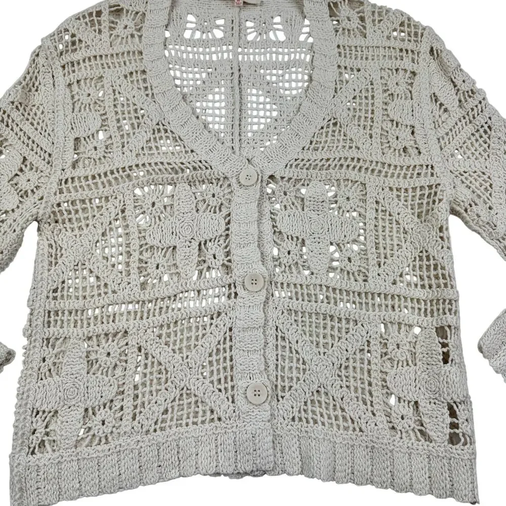 Solitaire Boho Hippie Open Knit Crochet Cotton Cardigan Women's Size Medium